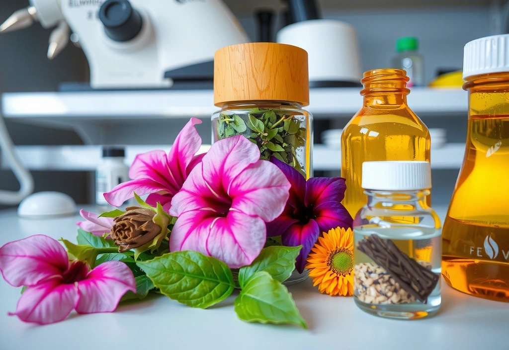 Close-up of various natural botanicals and scientific instruments, symbolizing meticulous ingredient selection.