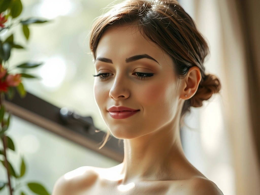 Woman with radiant, healthy skin in a serene setting