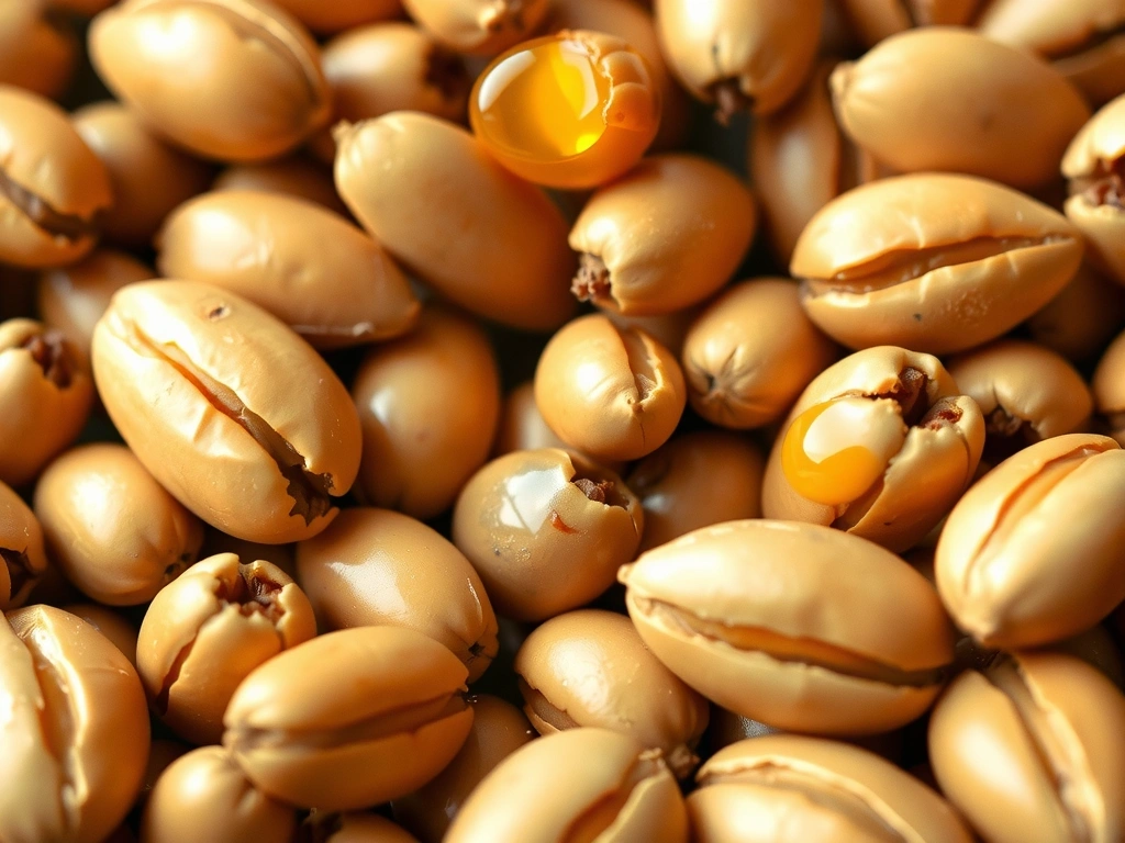 Close-up of golden jojoba seeds and a single drop of rich golden oil, symbolizing natural richness, skin compatibility, and nourishing properties.