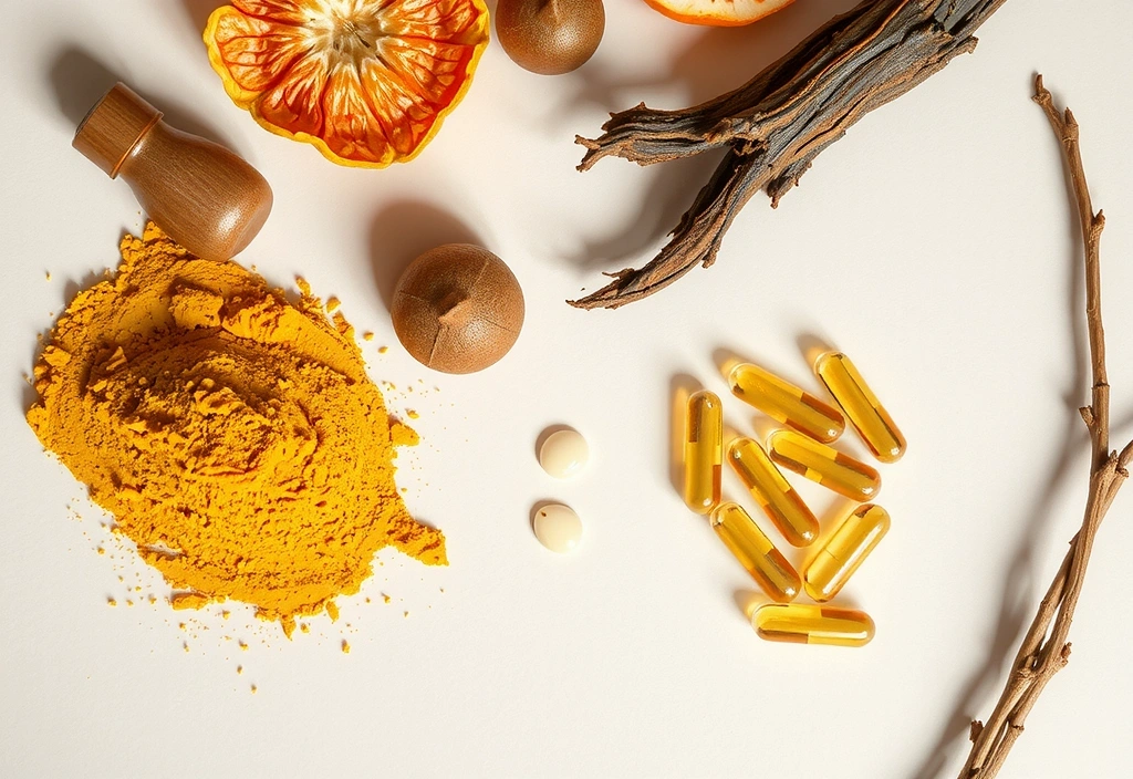 Various natural ingredients like herbs and plant extracts, artfully arranged