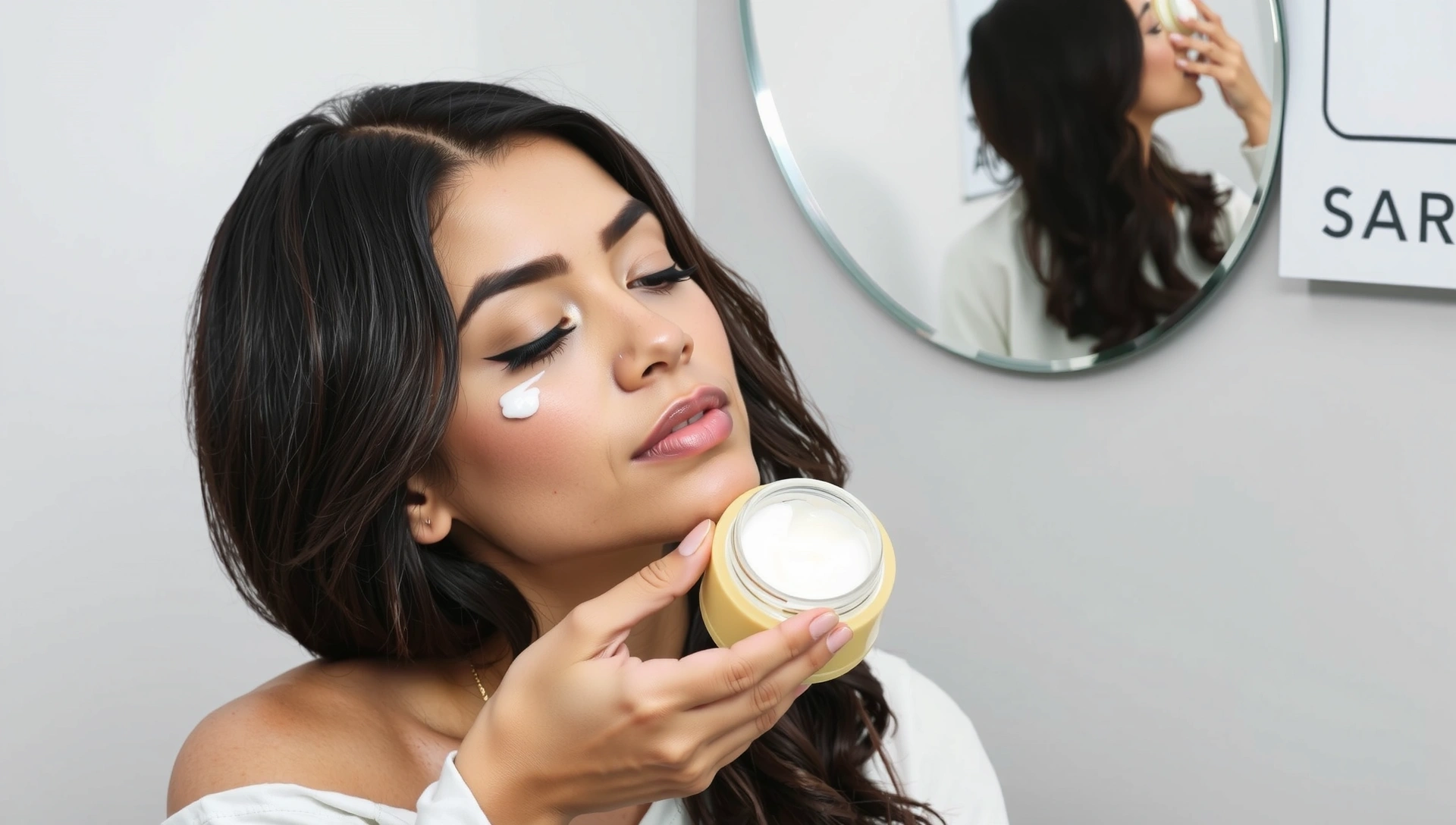 Elegant woman applying face cream